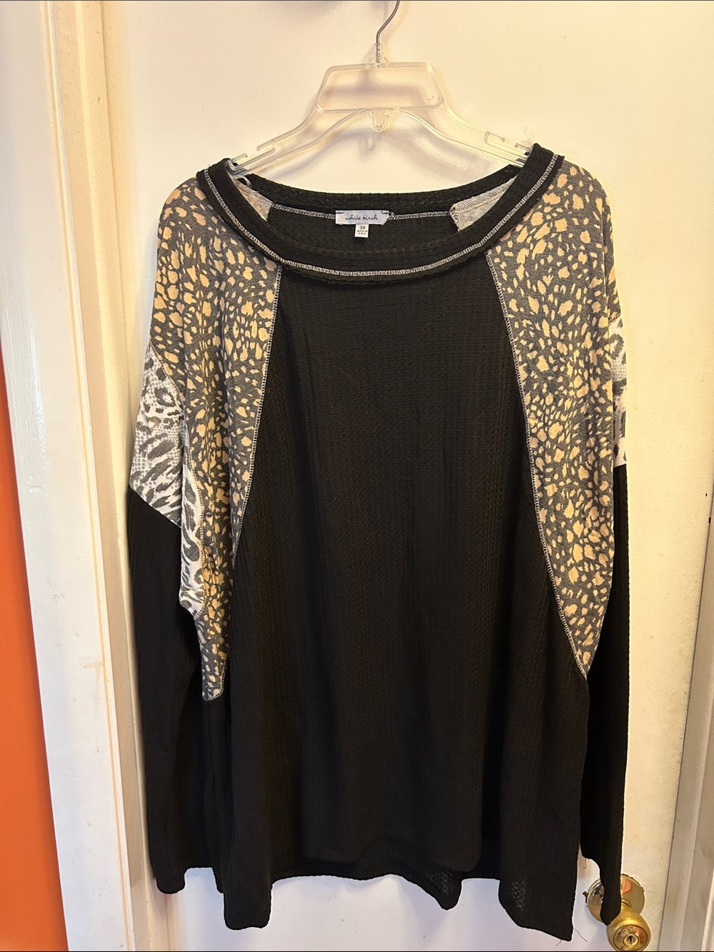white birch Black Tunic with Cream Animal-Print Panels
